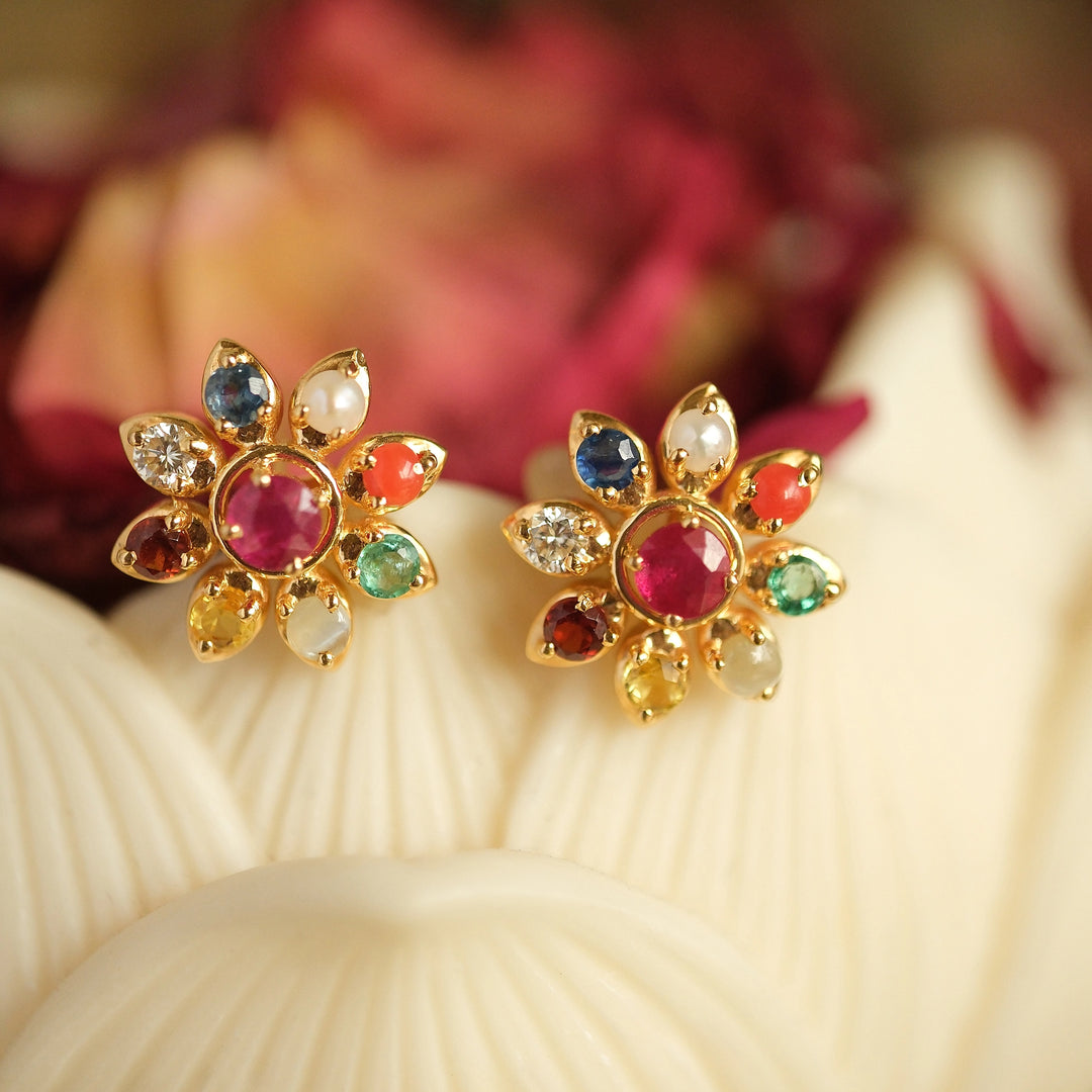 Navratna Tejas Studs in 18 Kt