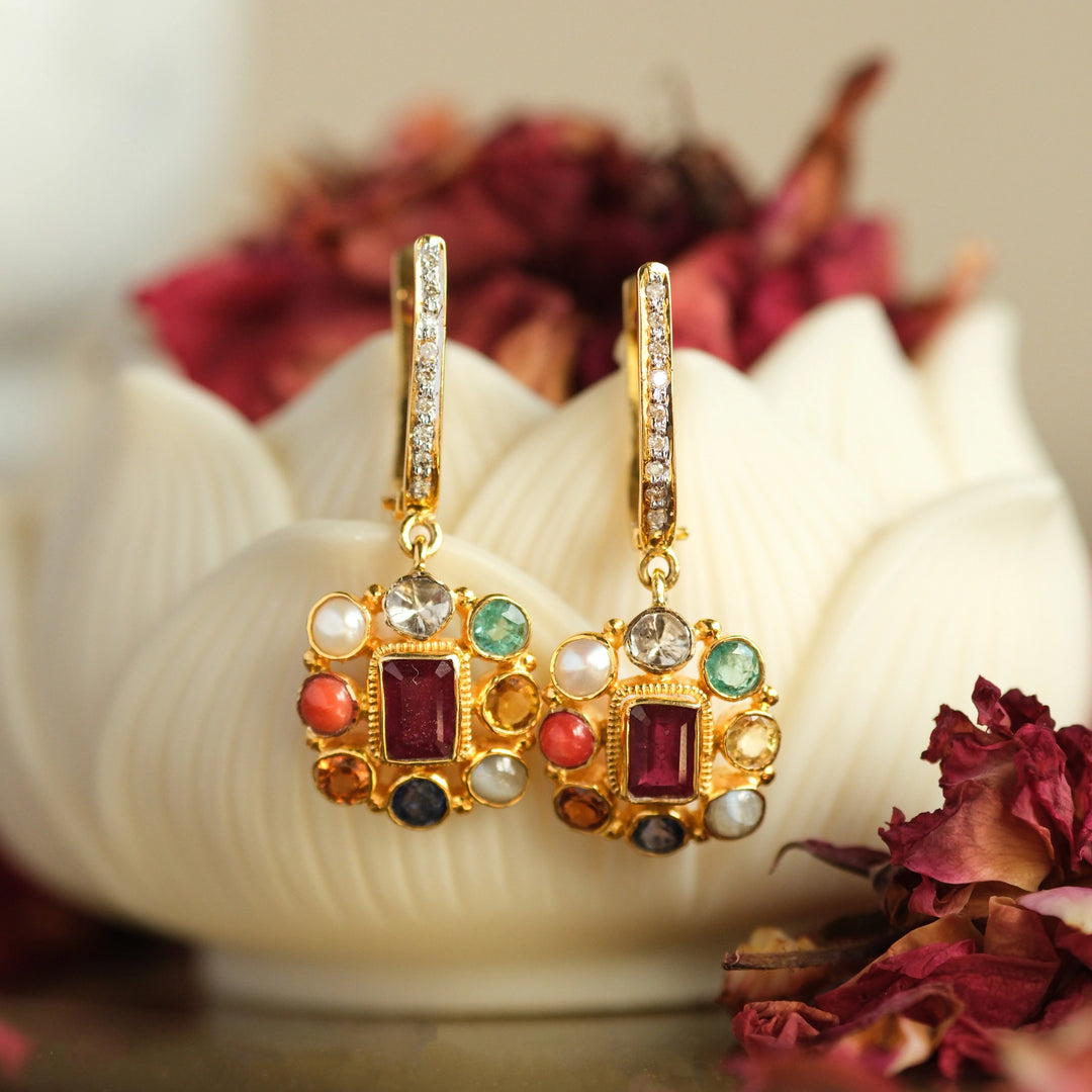 Navratna Harmony Drops Earrings in 18 Kt