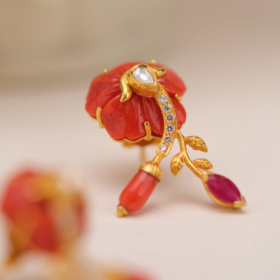 Coral & Diamond Elegance Earrings in 18 Kt