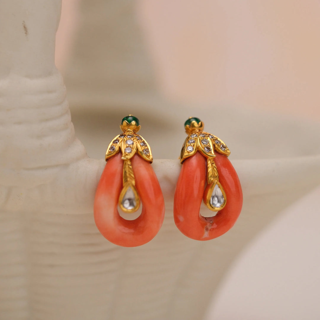 Coral & Diamond Elegance Earrings in 18 Kt