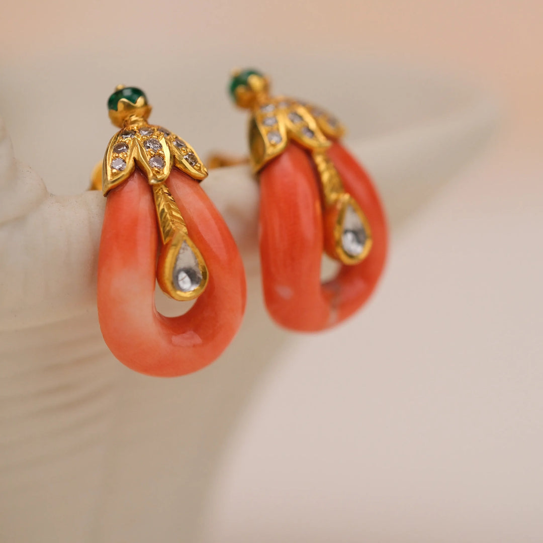 Coral & Diamond Elegance Earrings in 18 Kt