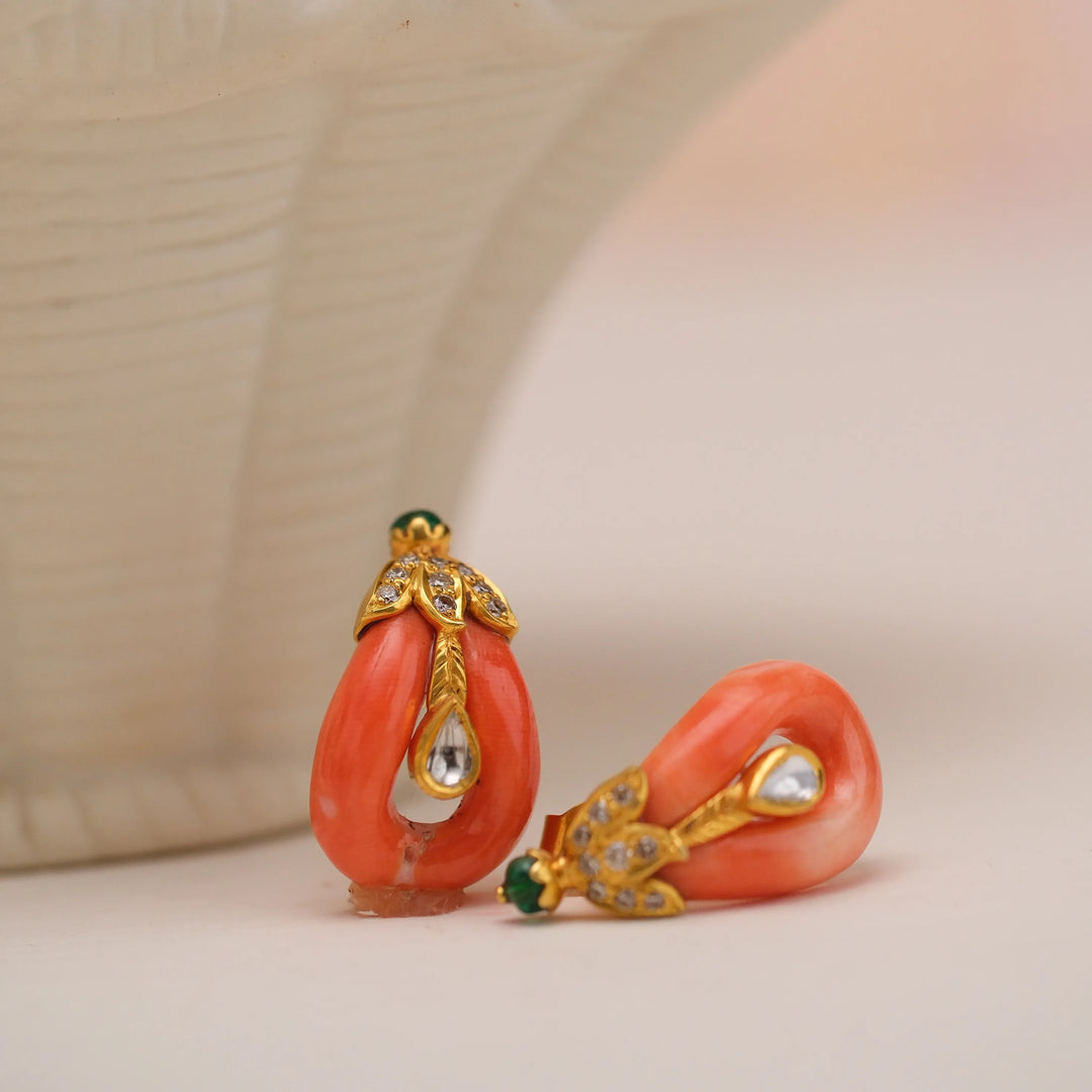 Coral & Diamond Elegance Earrings in 18 Kt