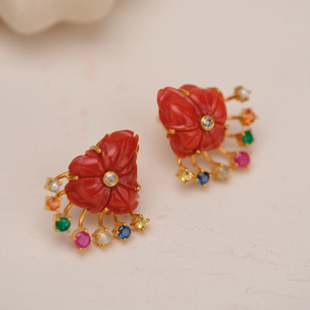Coral and Navratna Earrings in 18 Kt