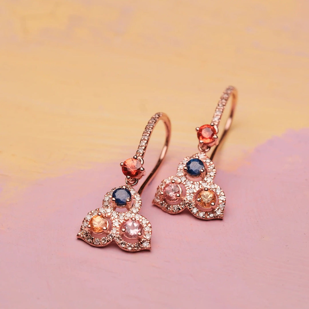 Trio Drop Rose Gold Sapphire Earrings in 18 Kt
