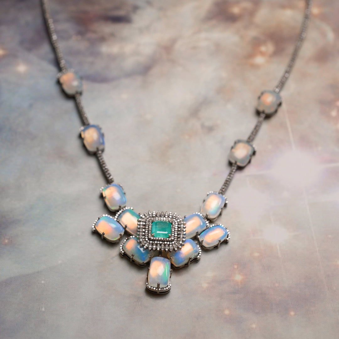 Emerald Opal Bloom Victorian Silver-Gold Statement Necklace