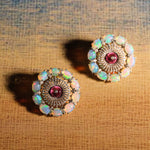 Load image into Gallery viewer, Opal &amp; Rubellite Cabochon Sunburst Victorian Silver-Gold Stud Earrings
