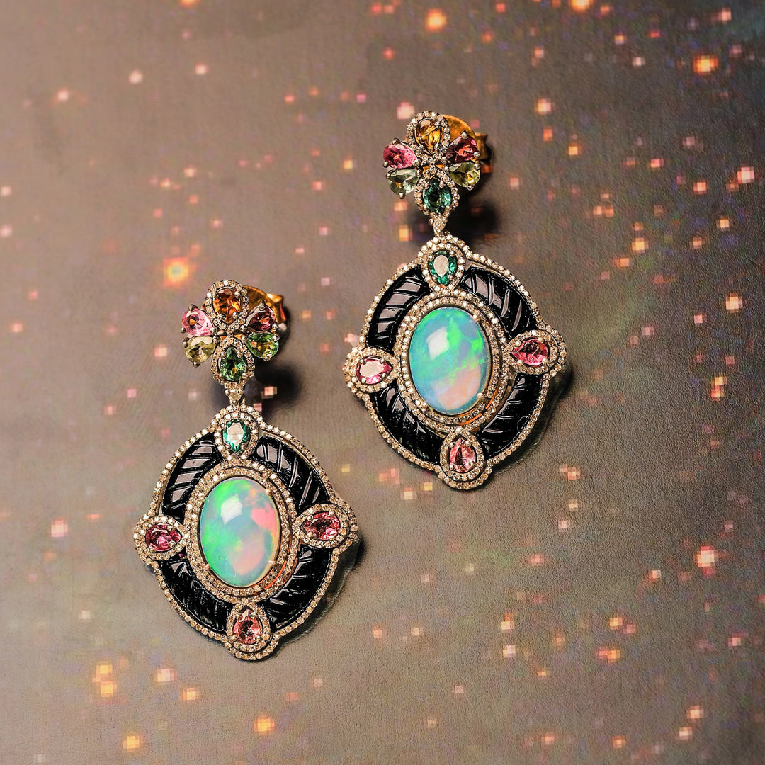 Opal & Carved Onyx Victorian Silver-Gold Statement Earrings