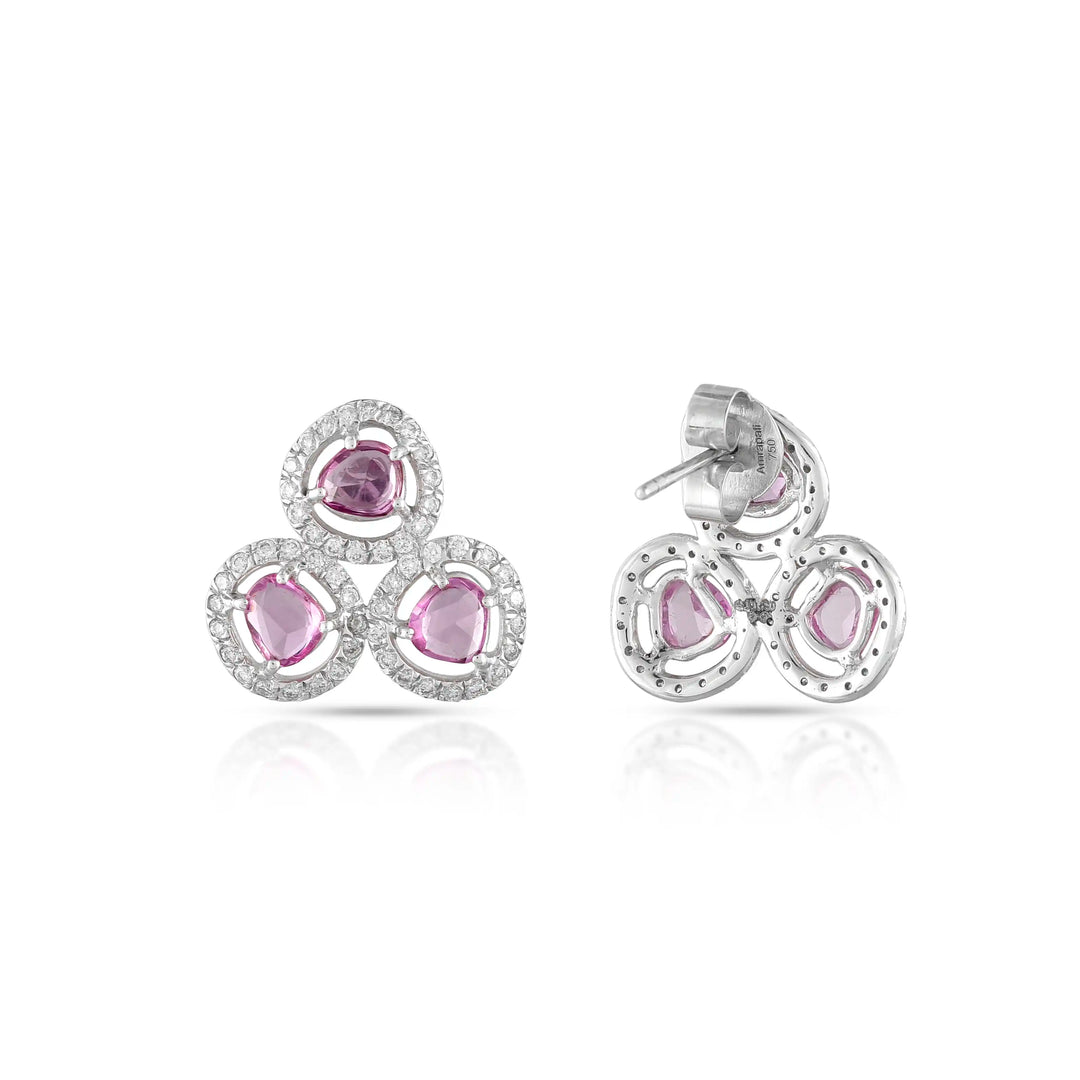Pink Sapphire Cluster Diamond White Gold Earrings in 18 Kt