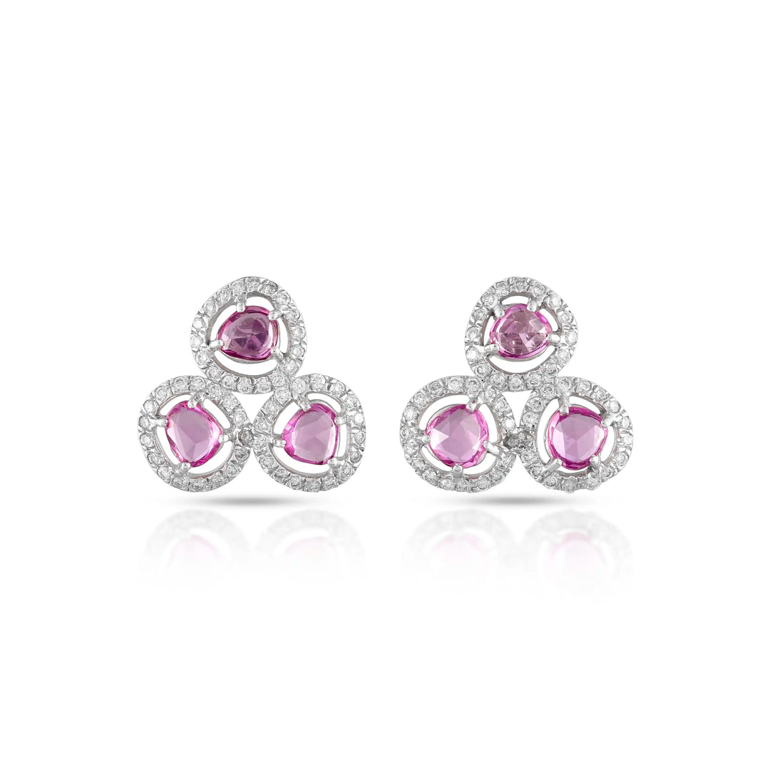 Pink Sapphire Cluster Diamond White Gold Earrings in 18 Kt