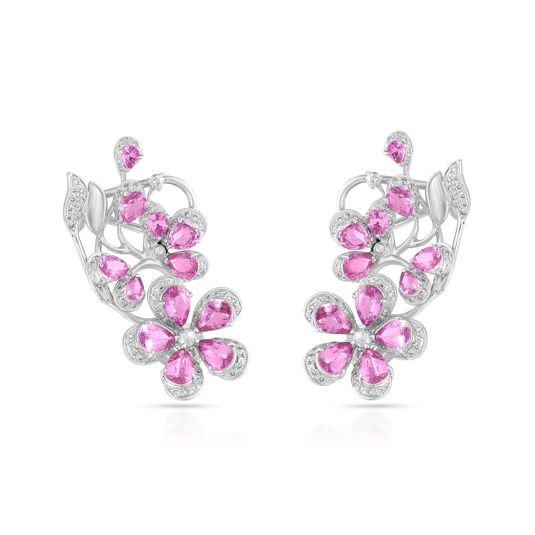 Pink Sapphire Floral White Gold Diamond Earrings in 18 Kt