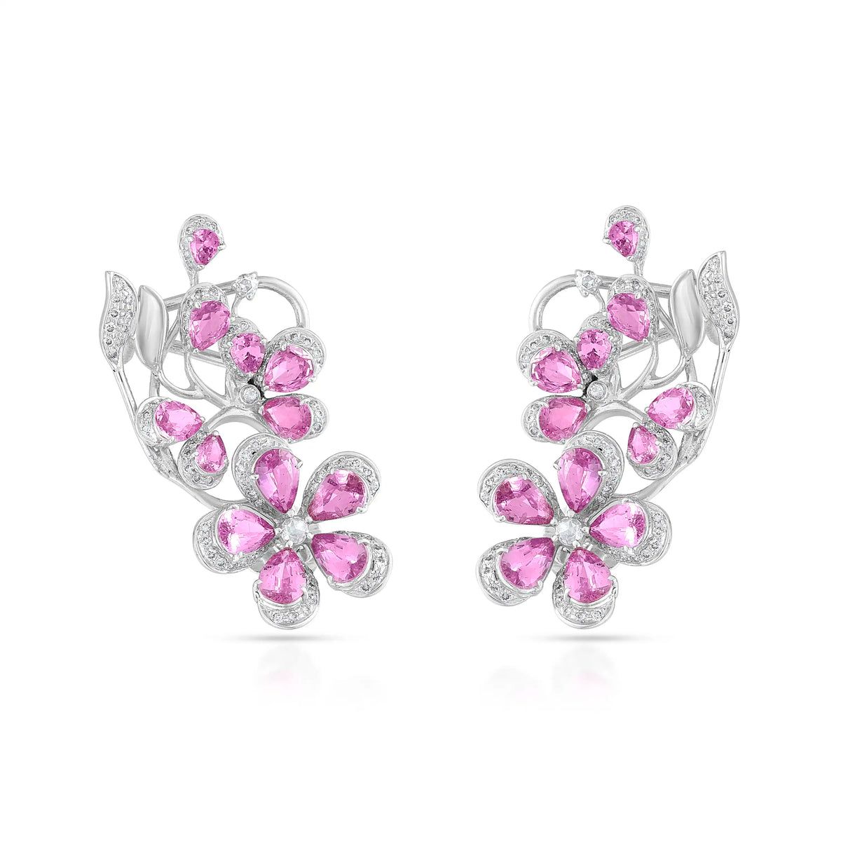 Pink sapphire floral white gold diamond earrings in 18 kt