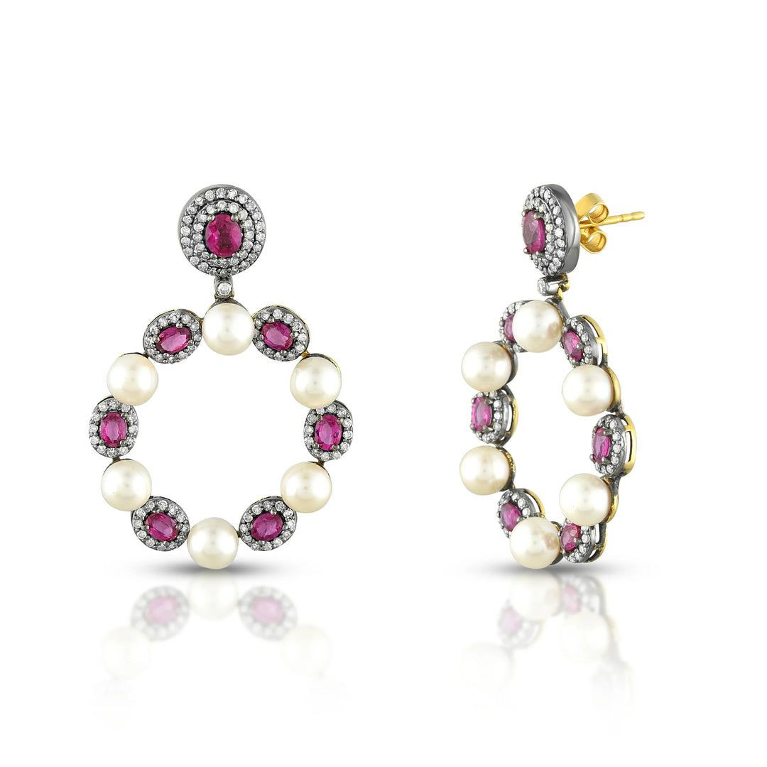 Ruby & Pearl Circle Earrings