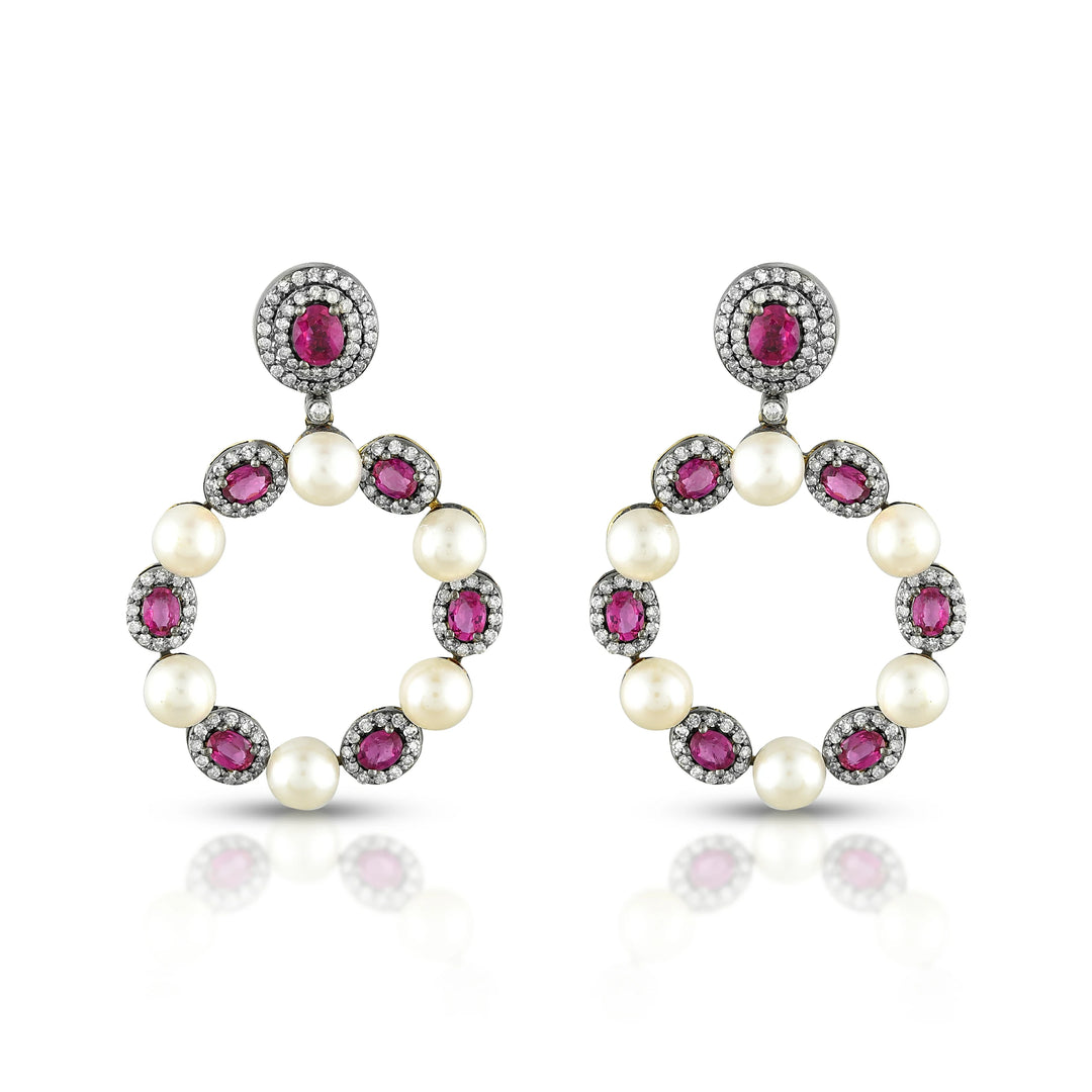 Ruby & Pearl Circle Earrings