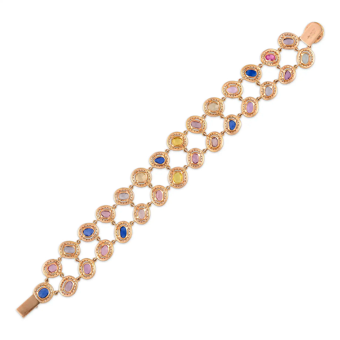Multicolour Sapphire Double Row Rose Gold Bracelet in 18 Kt