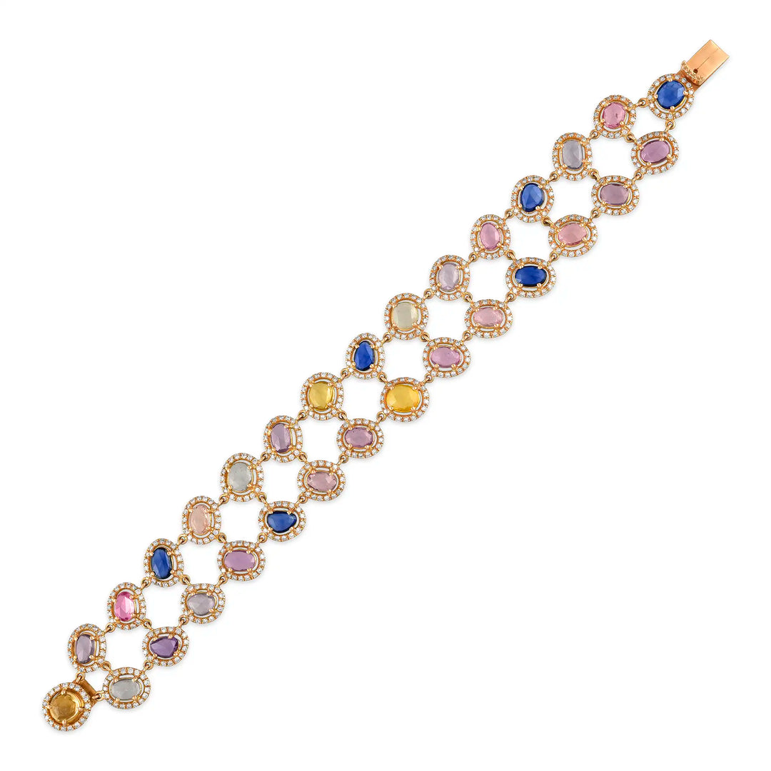 Multicolour Sapphire Double Row Rose Gold Bracelet in 18 Kt