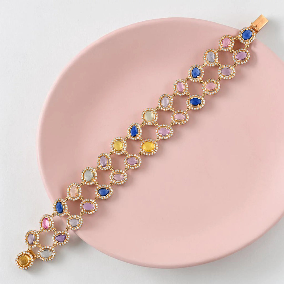 Multicolour Sapphire Double Row Rose Gold Bracelet in 18 Kt