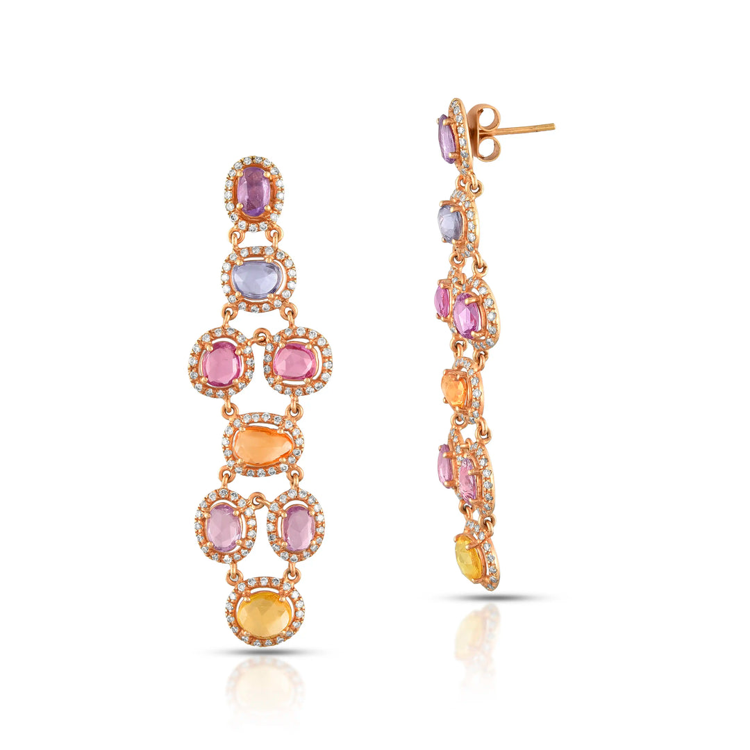 Multi Sapphire Chandelier Rose Gold Earrings in 18 Kt