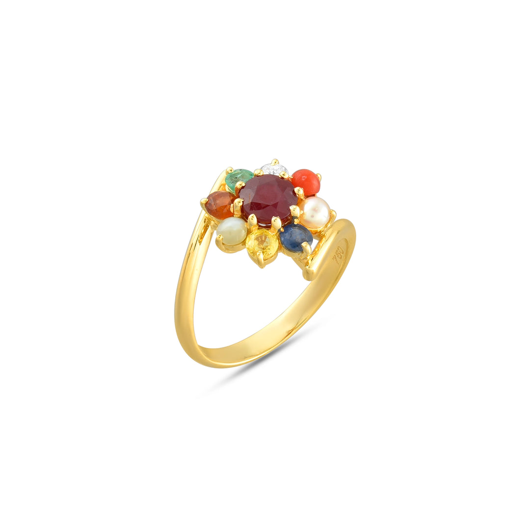 Navratna Floral Ring in 18 Kt