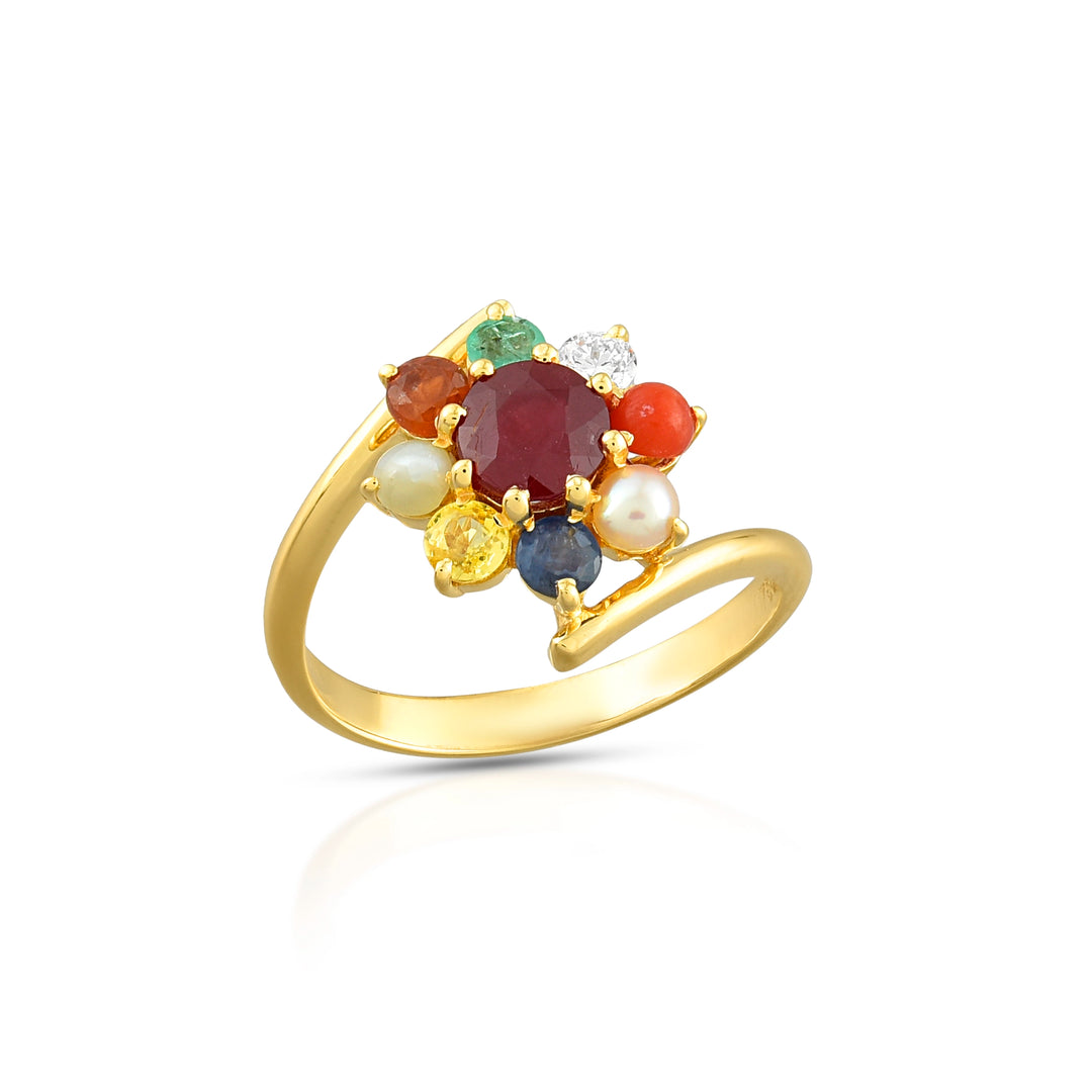 Navratna Floral Ring in 18 Kt