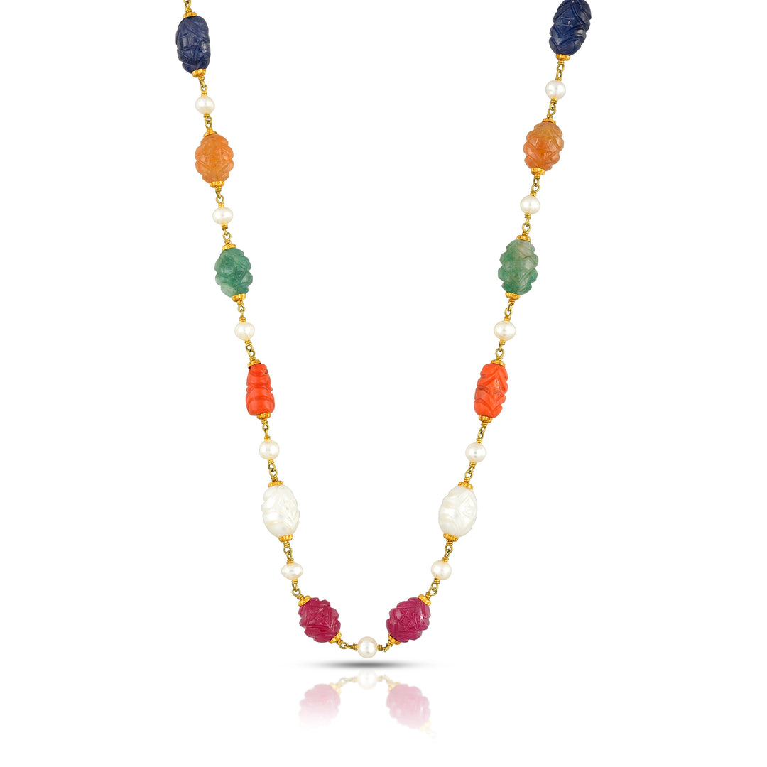 Navratna Carved Bead Necklace in 18 Kt