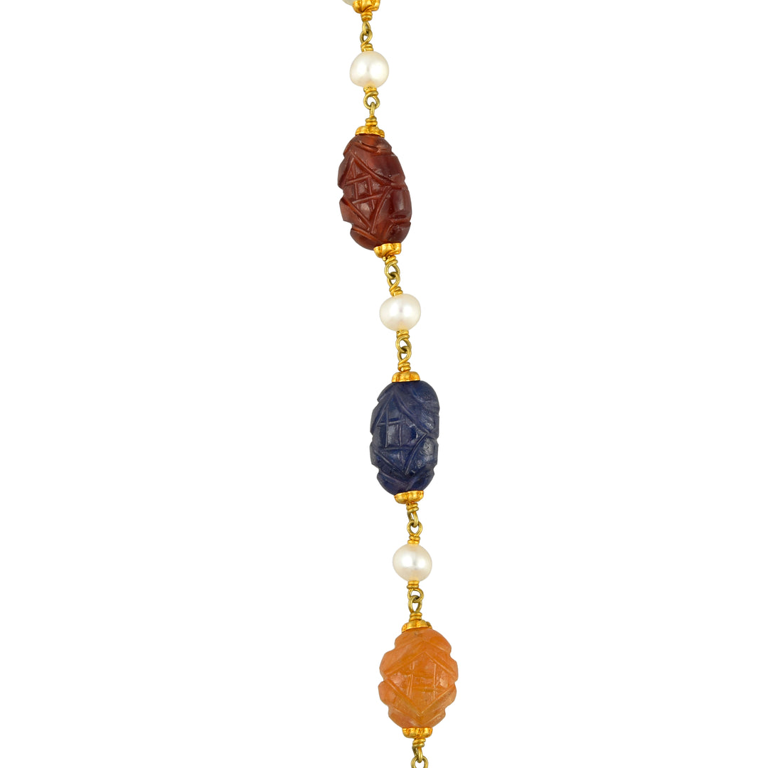 Navratna Carved Bead Necklace in 18 Kt