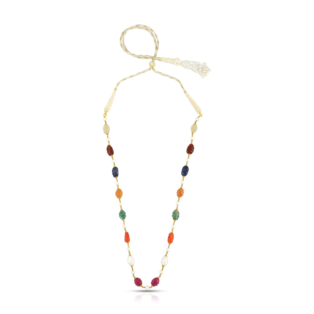 Navratna Carved Bead Necklace in 18 Kt