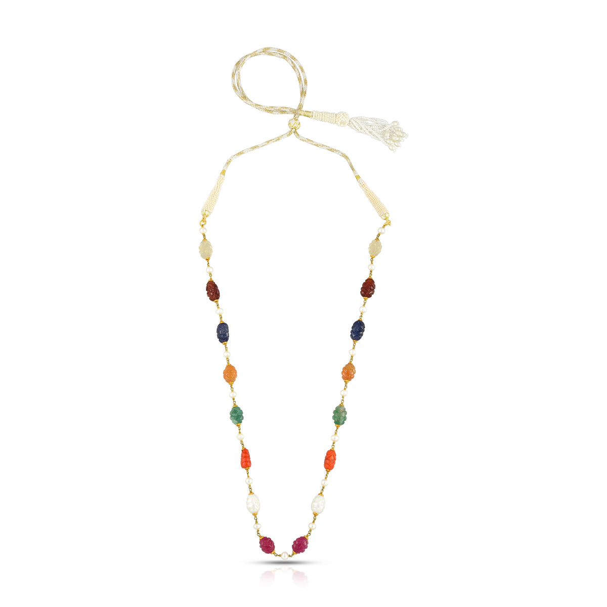 Navratna carved bead necklace in 18 kt