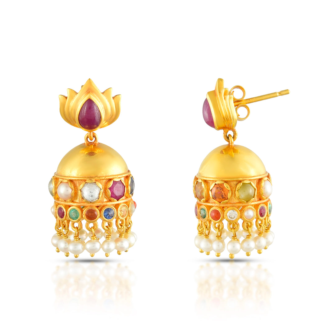 Navratna Lotus Bloom Jhumkas in 18 Kt