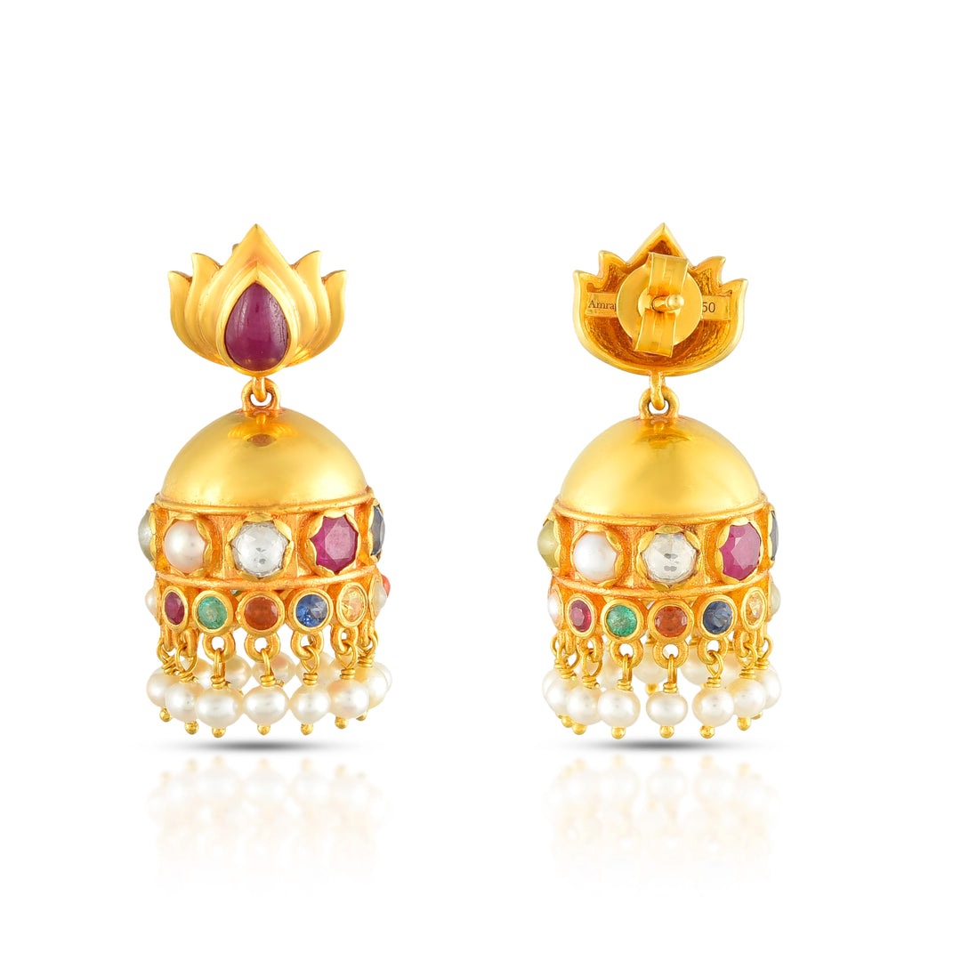 Navratna Lotus Bloom Jhumkas in 18 Kt