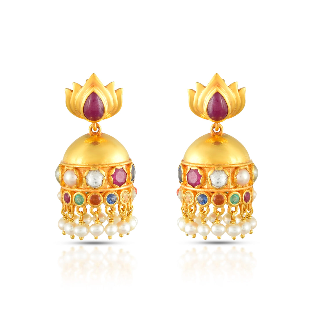 Navratna Lotus Bloom Jhumkas in 18 Kt