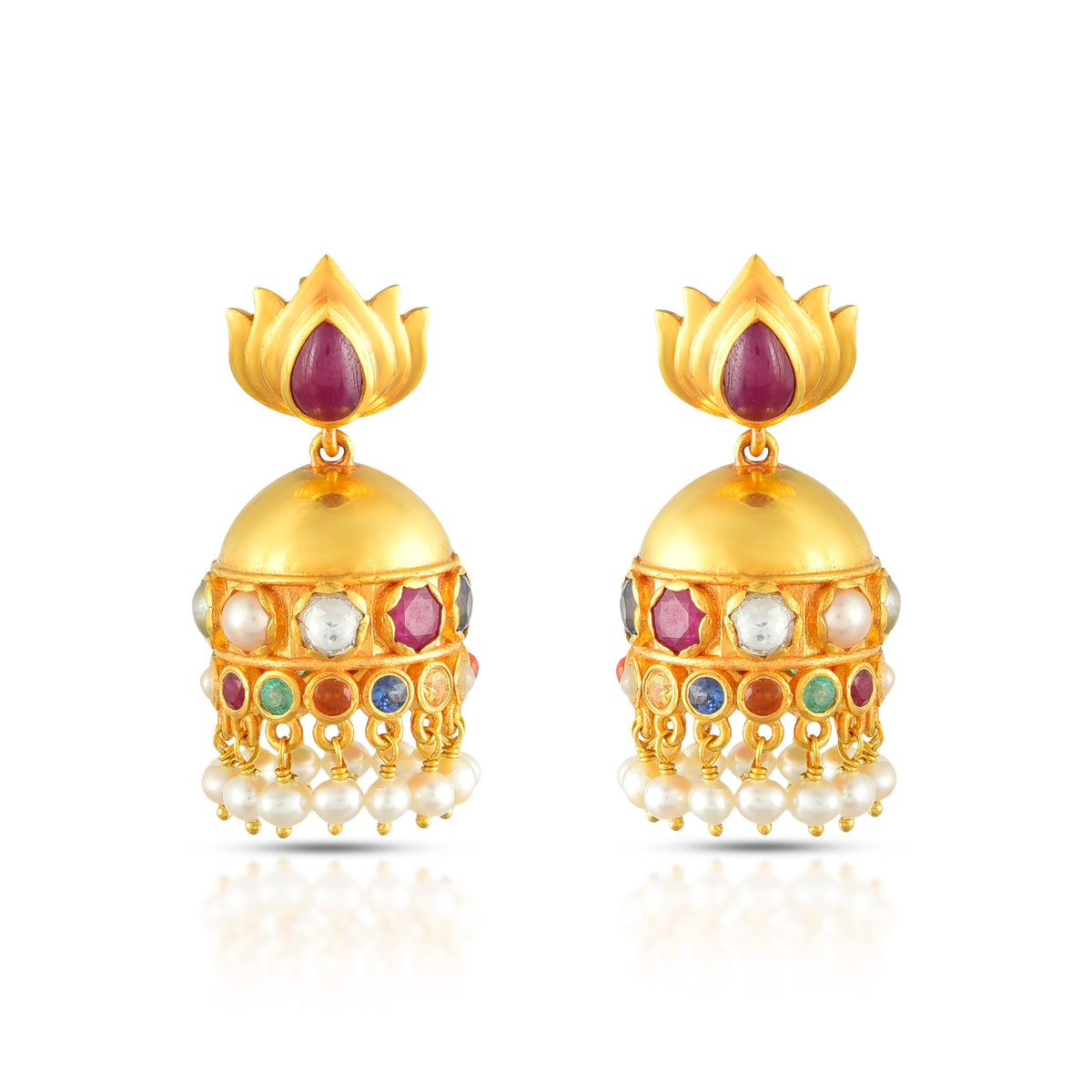 Navratna lotus bloom jhumkas in 18 kt