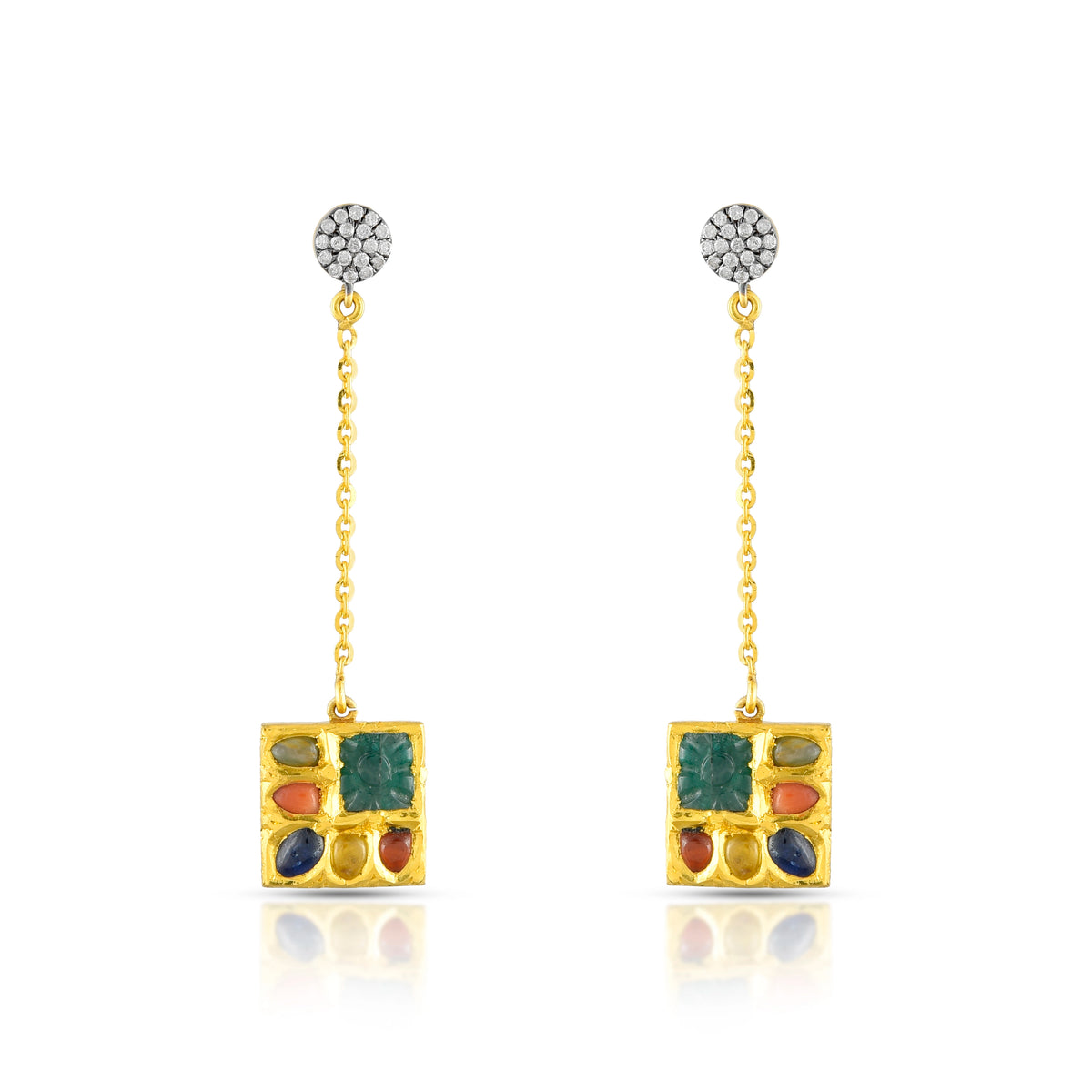 Geometric navratna earrings in 18 kt