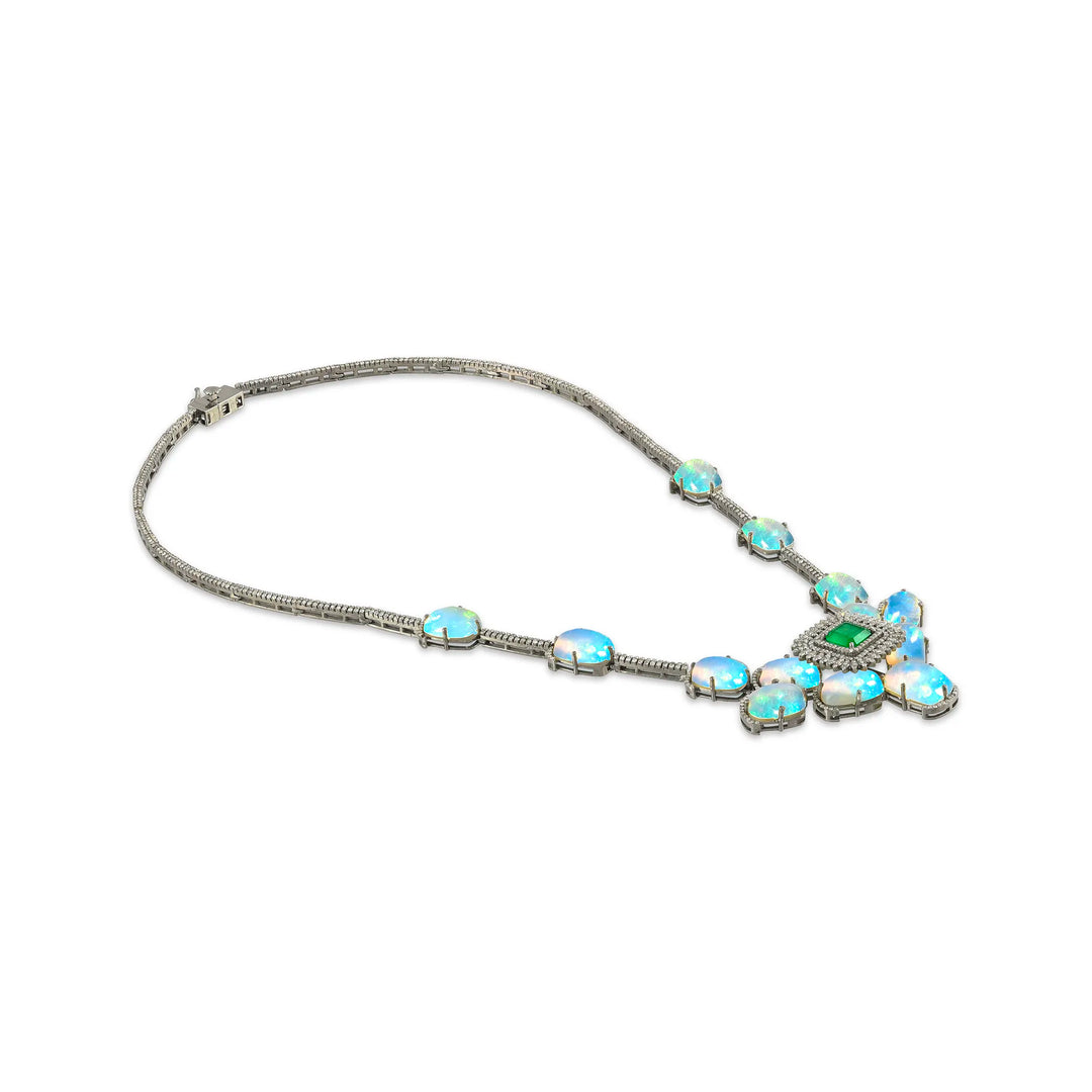 Emerald Opal Bloom Victorian Silver-Gold Statement Necklace