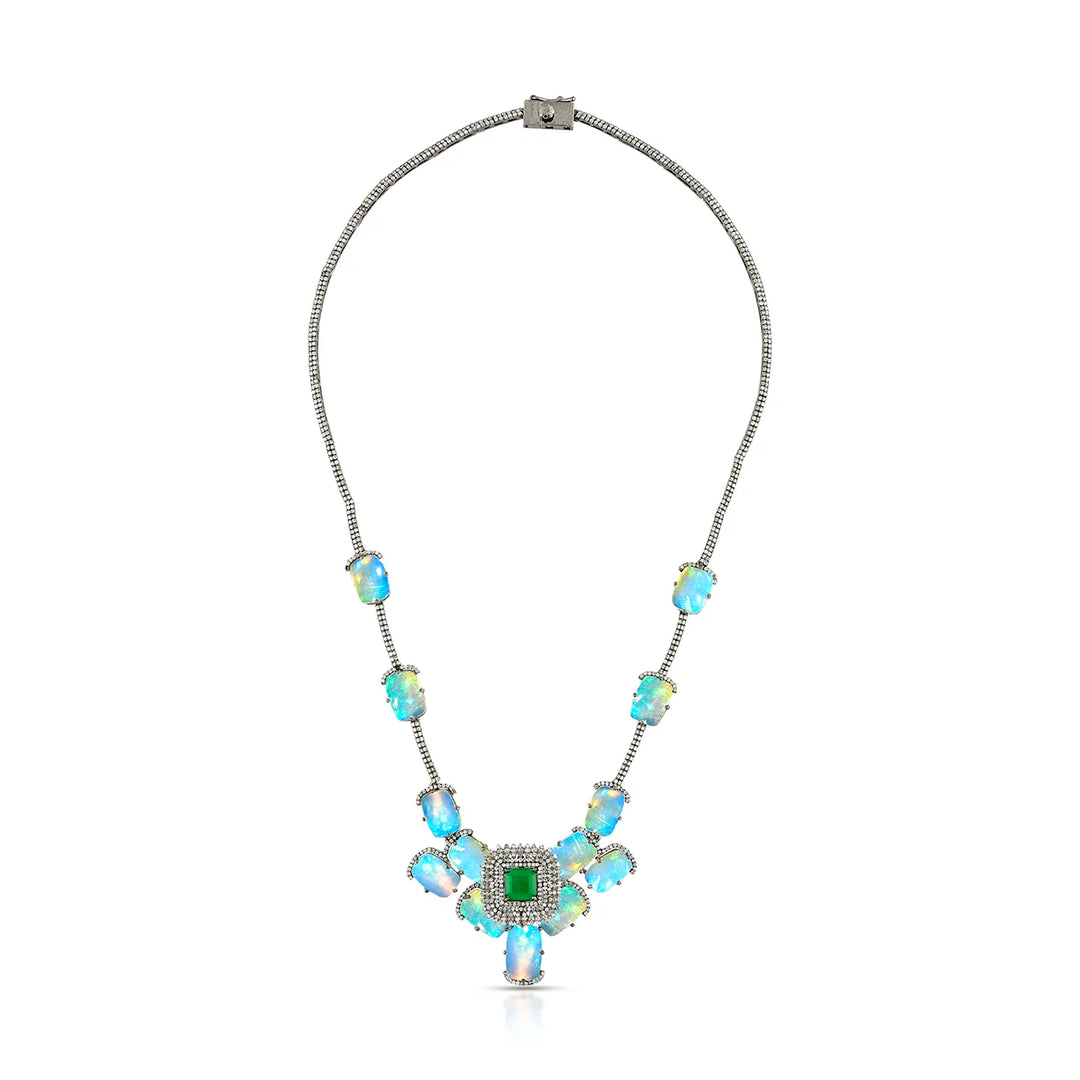 Emerald Opal Bloom Victorian Silver-Gold Statement Necklace