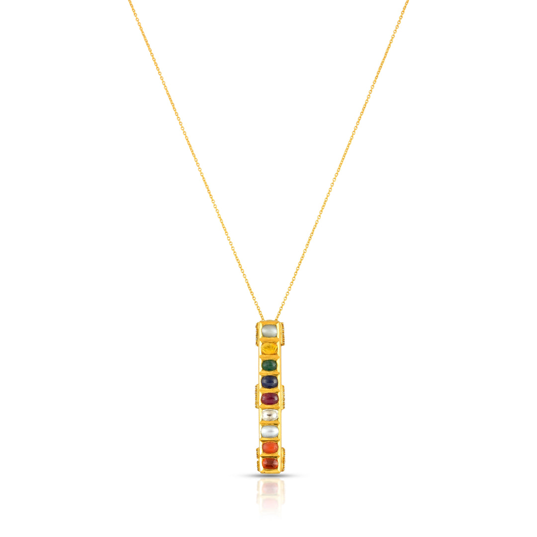 Navratna Bar Pendant Necklace in 18 Kt