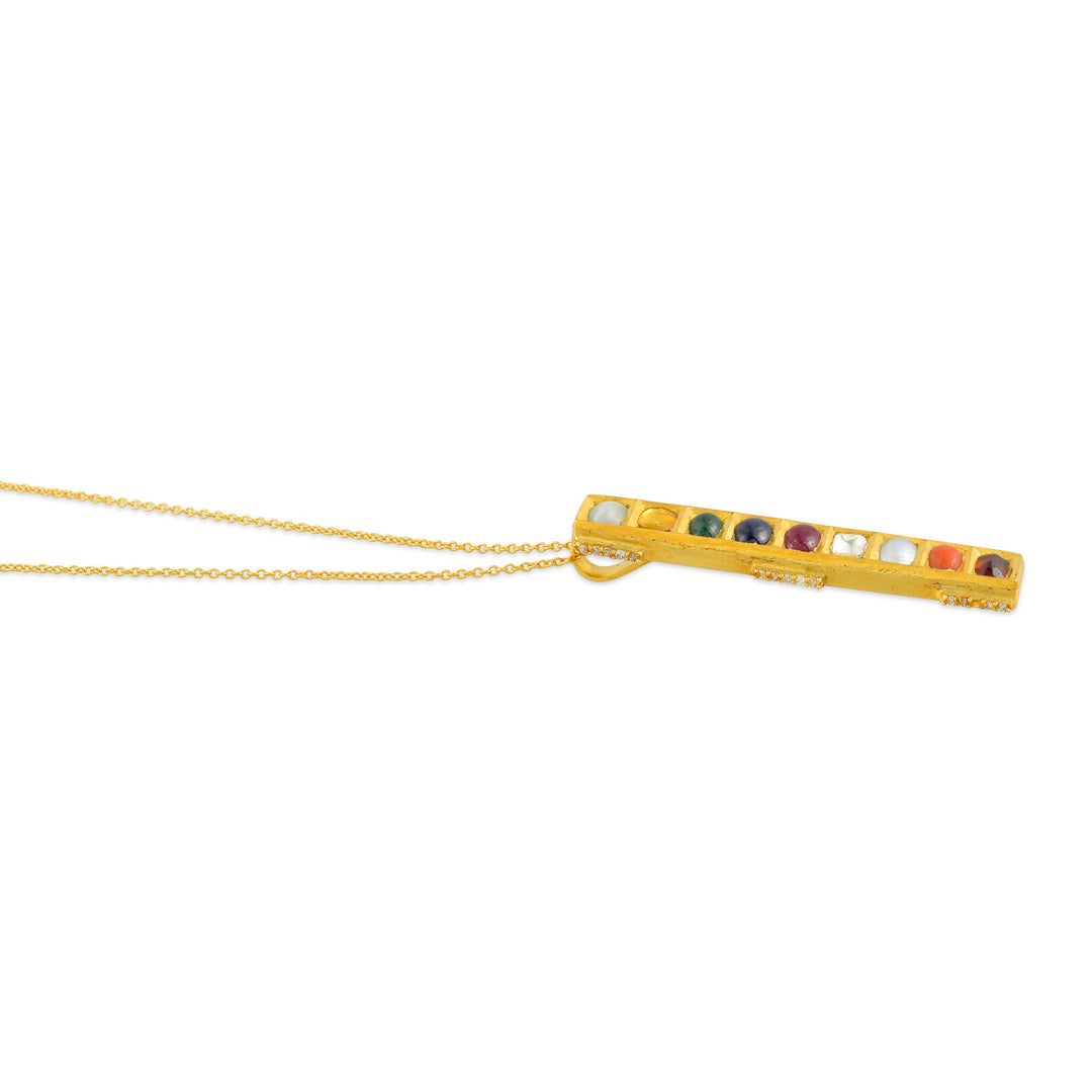 Navratna Bar Pendant Necklace in 18 Kt