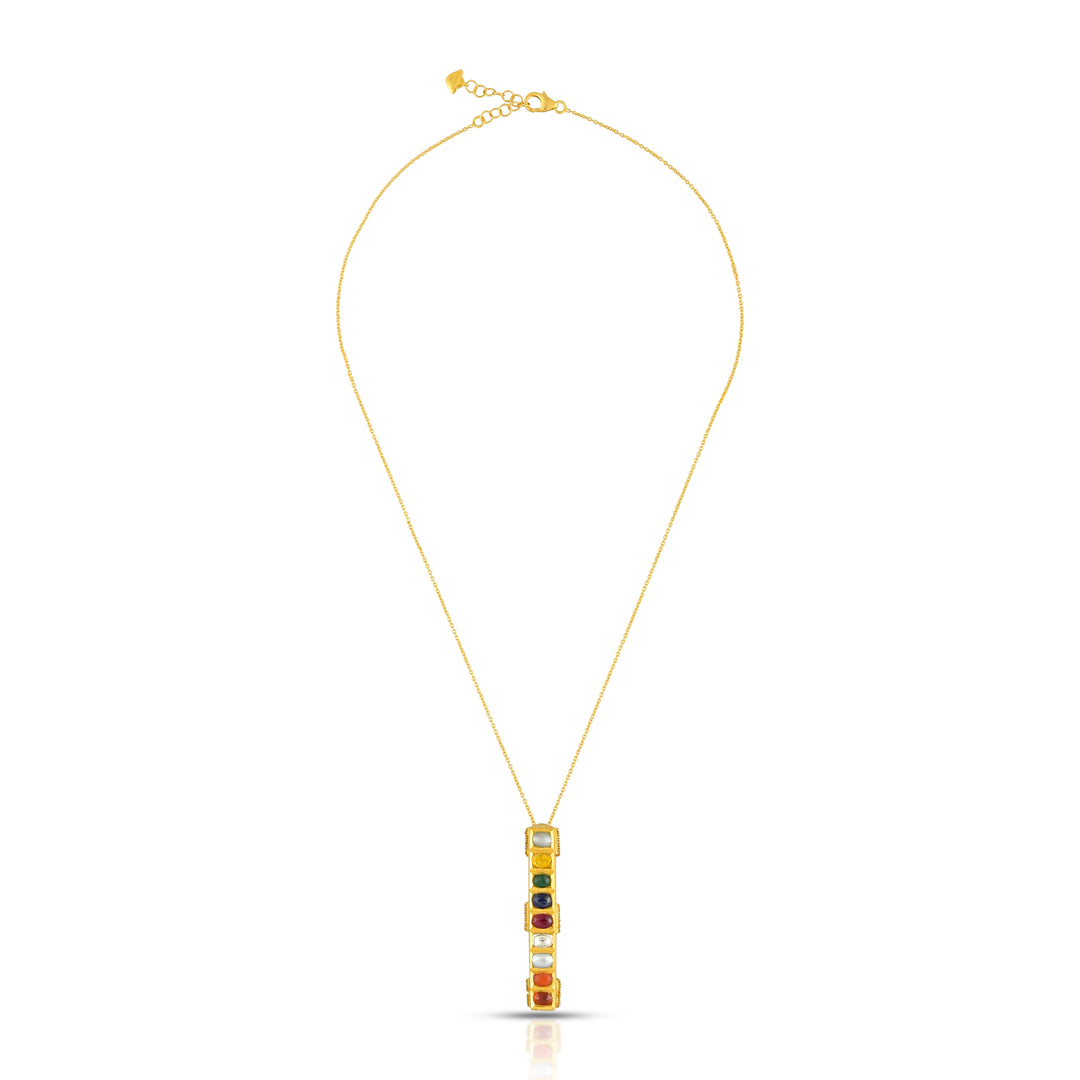 Navratna Bar Pendant Necklace in 18 Kt