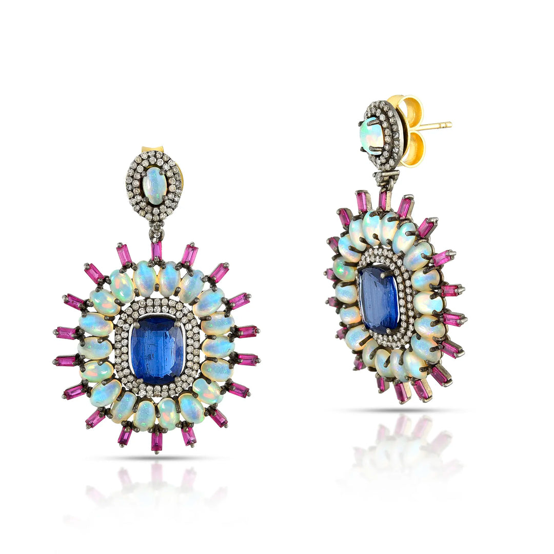 Opal & Kyanite Victorian Silver-Gold Drop Earrings