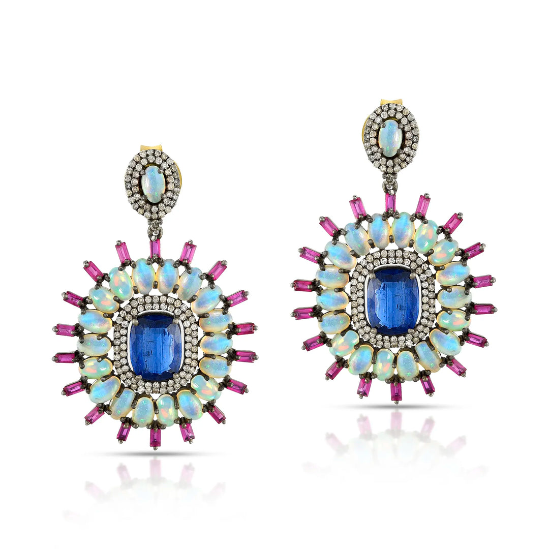 Opal & Kyanite Victorian Silver-Gold Drop Earrings