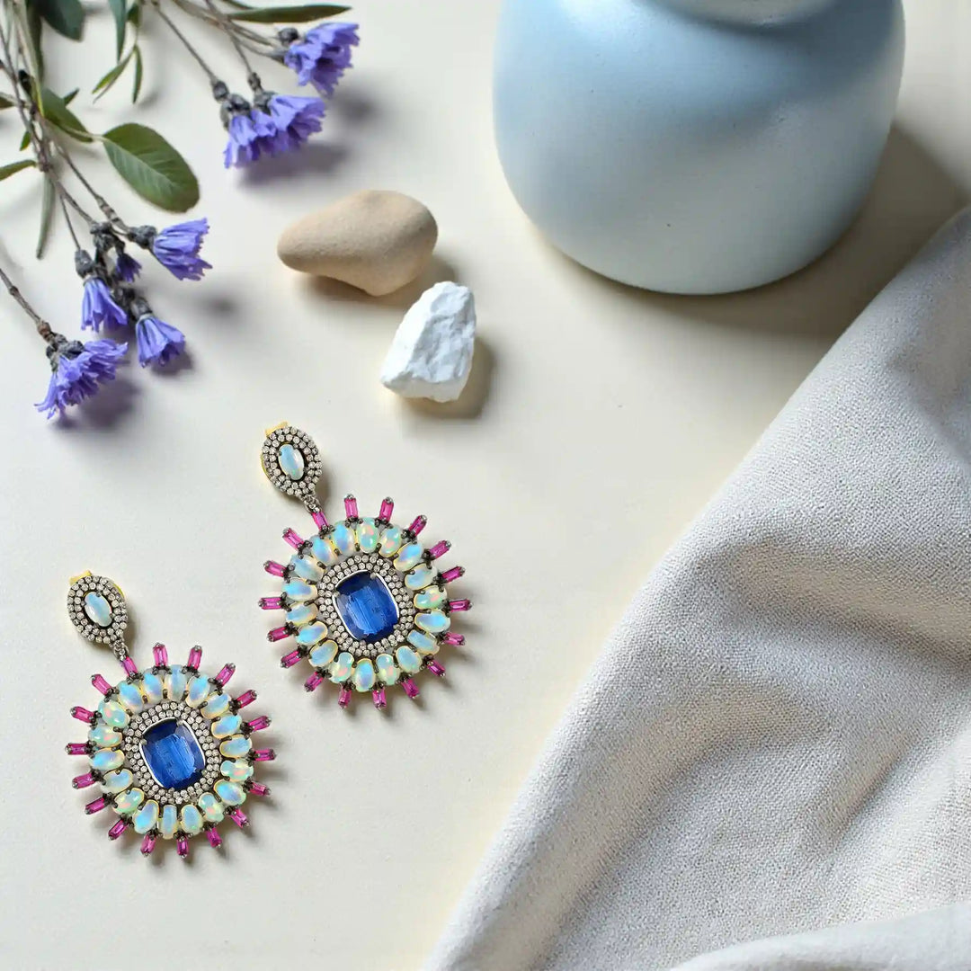 Opal & Kyanite Victorian Silver-Gold Drop Earrings