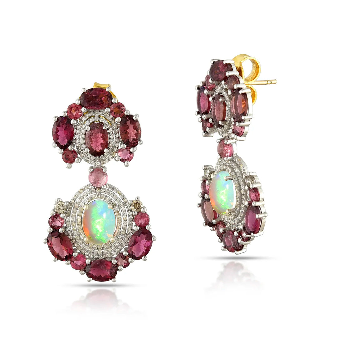 Opal & Tourmaline Victorian Silver-Gold Statement Earrings