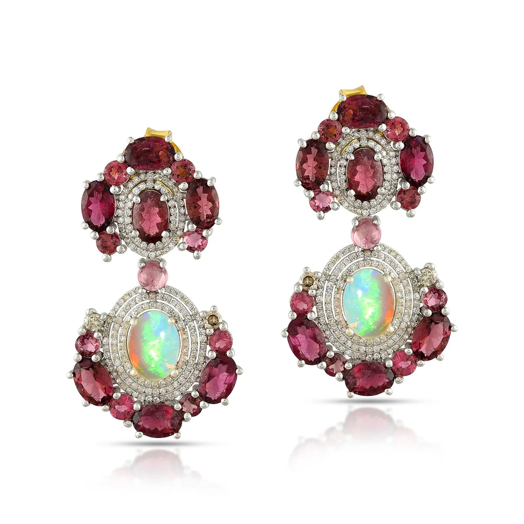 Opal & Tourmaline Victorian Silver-Gold Statement Earrings