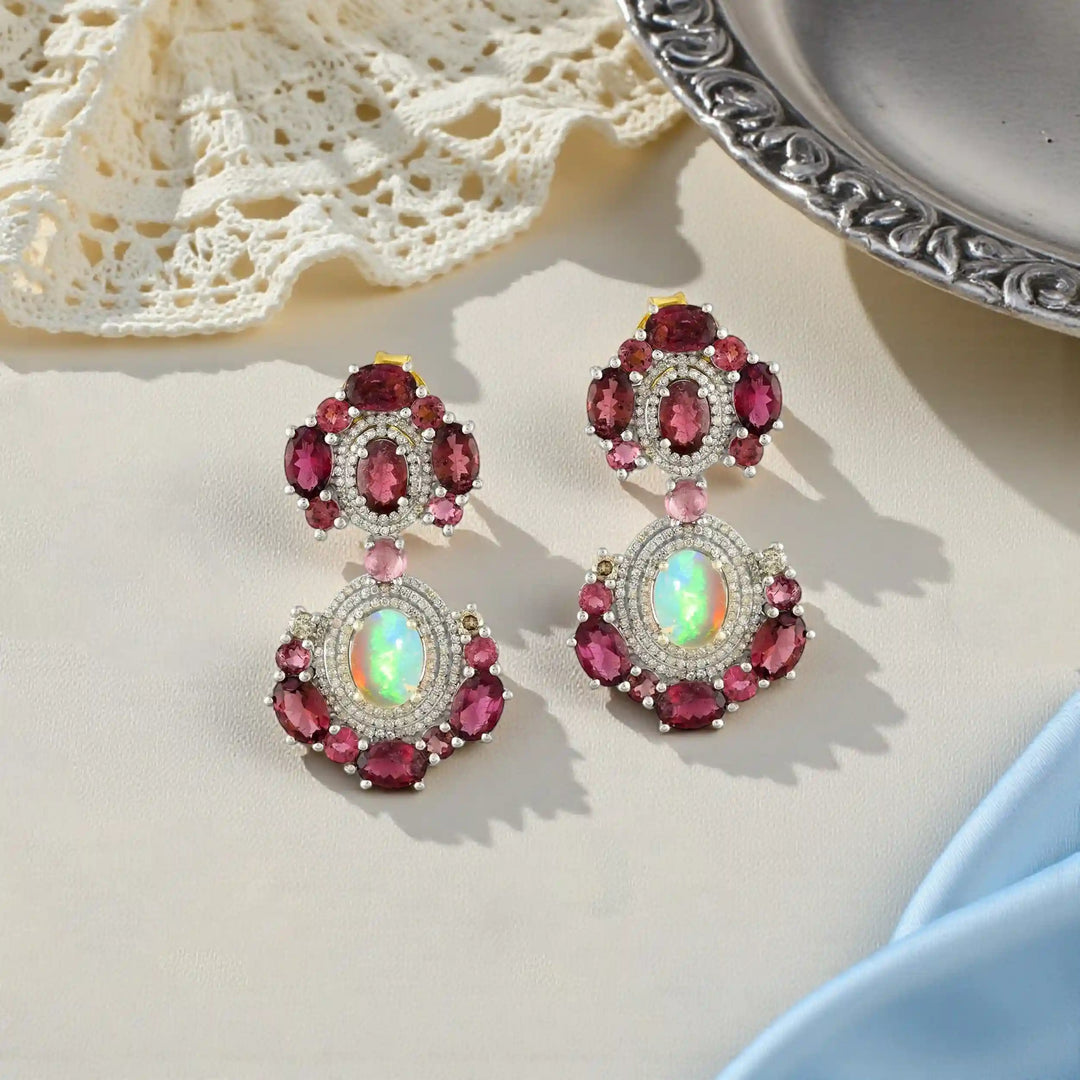 Opal & Tourmaline Victorian Silver-Gold Statement Earrings