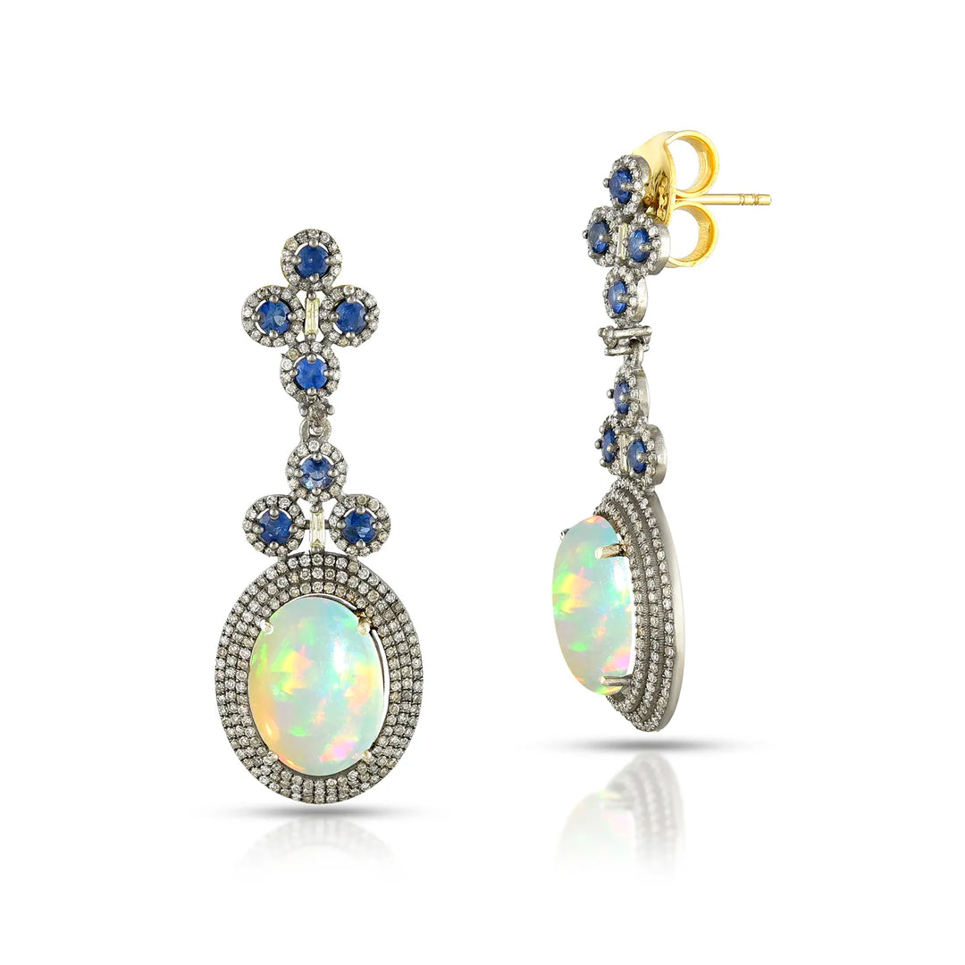 Opal & Blue Sapphire Victorian Silver-Gold Drop Earrings