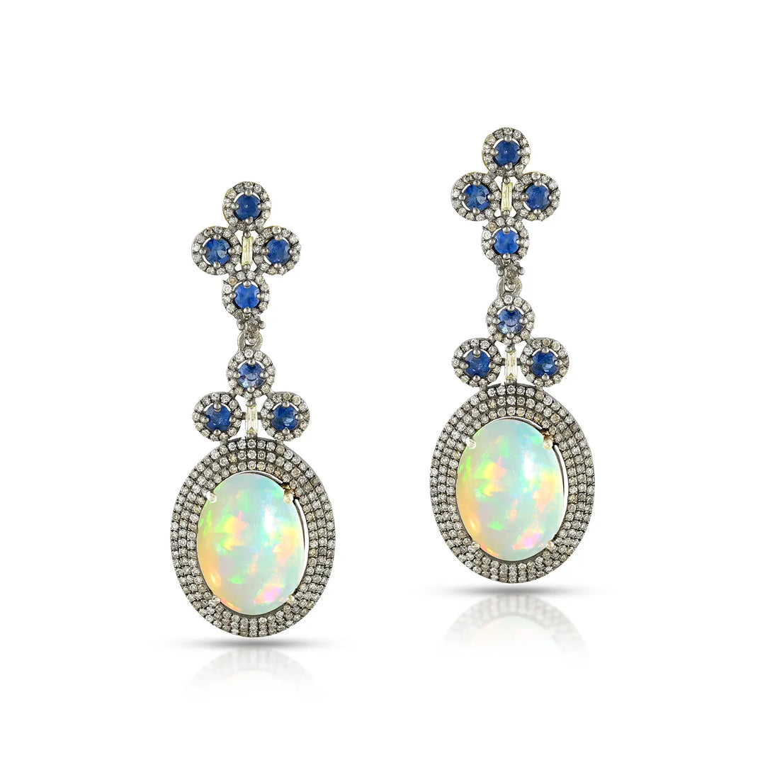 Opal & Blue Sapphire Victorian Silver-Gold Drop Earrings