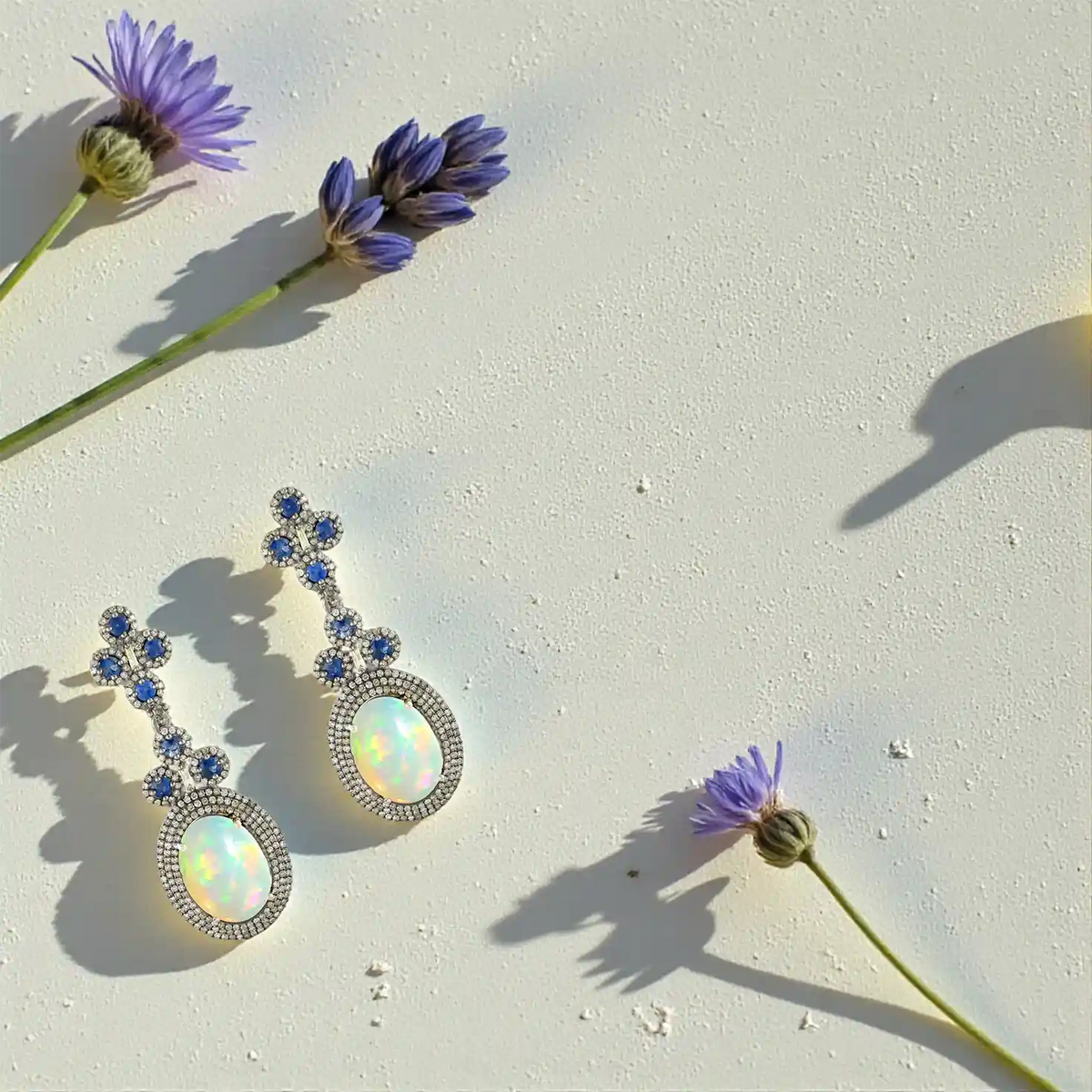 Opal & blue sapphire victorian silver gold drop earrings