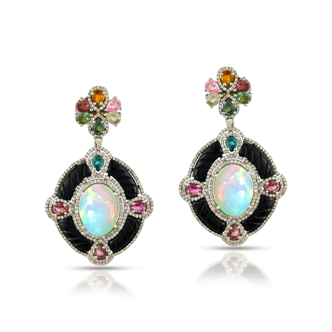 Opal & Carved Onyx Victorian Silver-Gold Statement Earrings