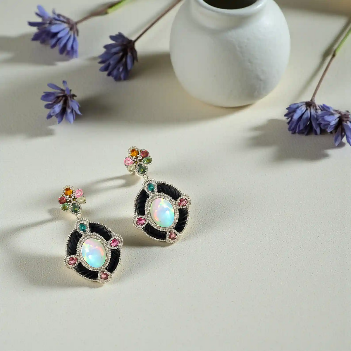 Opal & carved onyx victorian silver gold statement earrings
