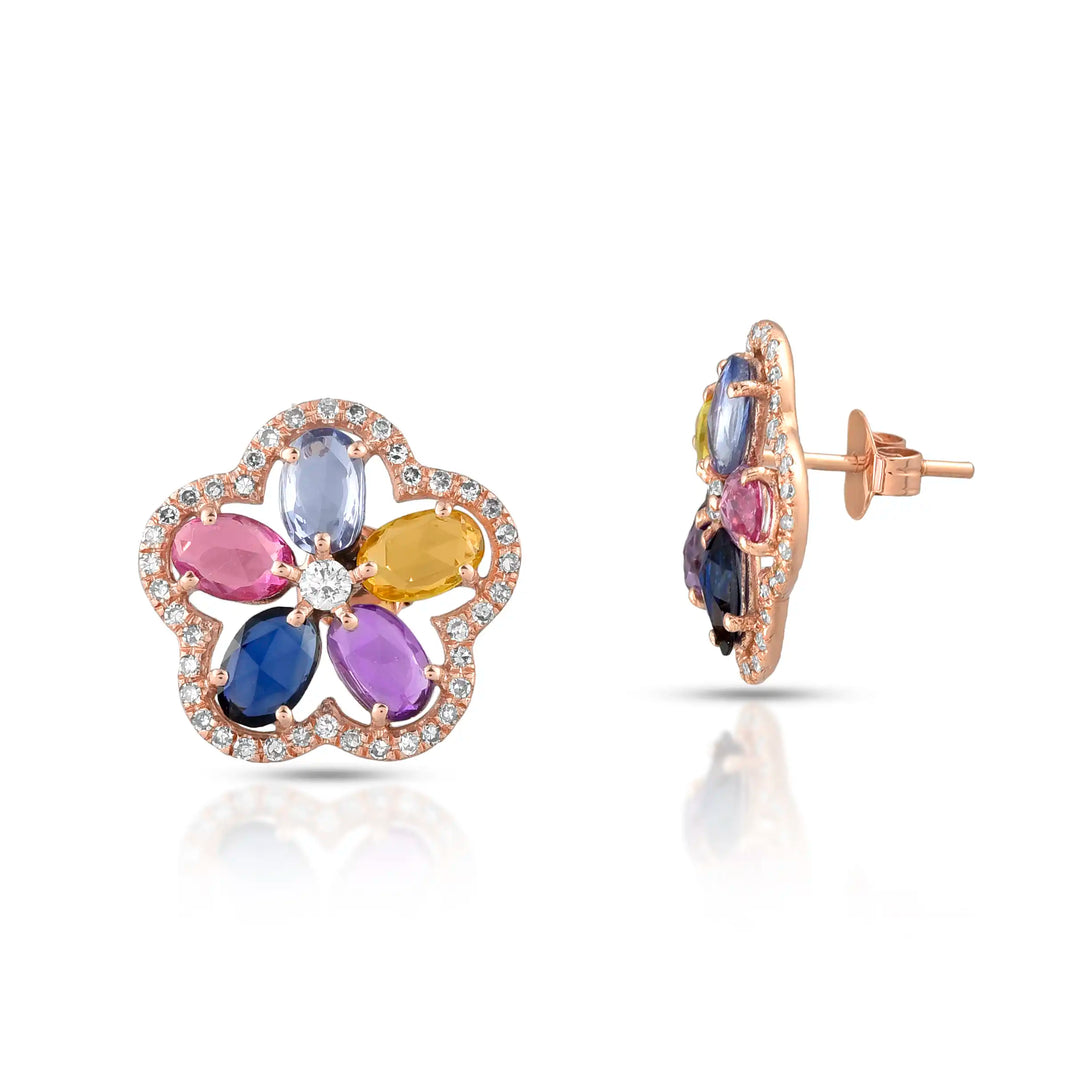 Multi Sapphire Floral Stud Earrings in 18 Kt