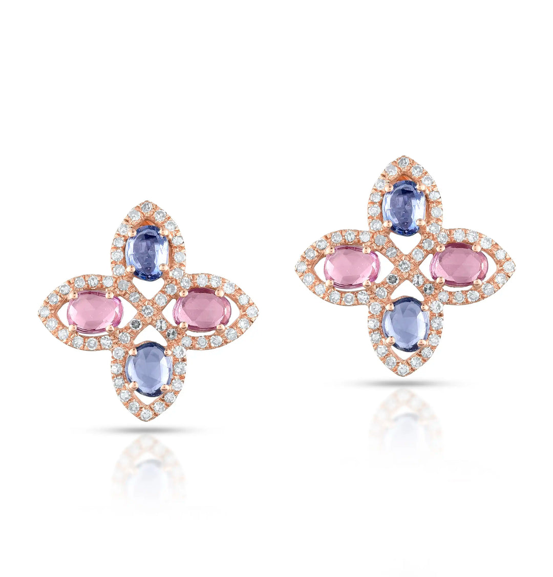 Pastel Sapphire Floral Stud Rose Gold Earrings in 18 Kt